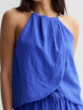 Royal Blue Halter Tank with Bead-Trim Tulip Hem Back Tie Neck